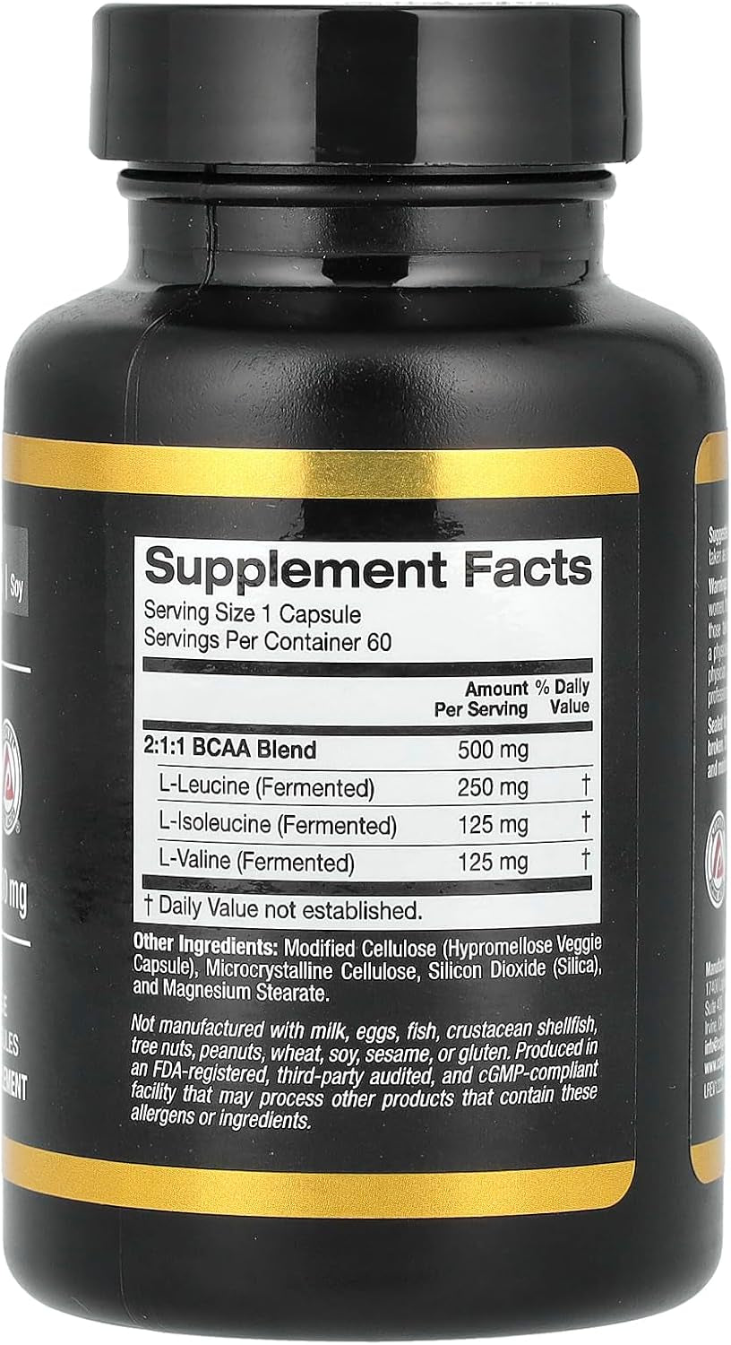 California Gold Nutrition BCAA, Ajipure® Branched Chain Amino Acids 2:1:1 with L-Leucine, L-Isoleucine, and L-Valine, 500 Mg, 60 Veggie Capsules