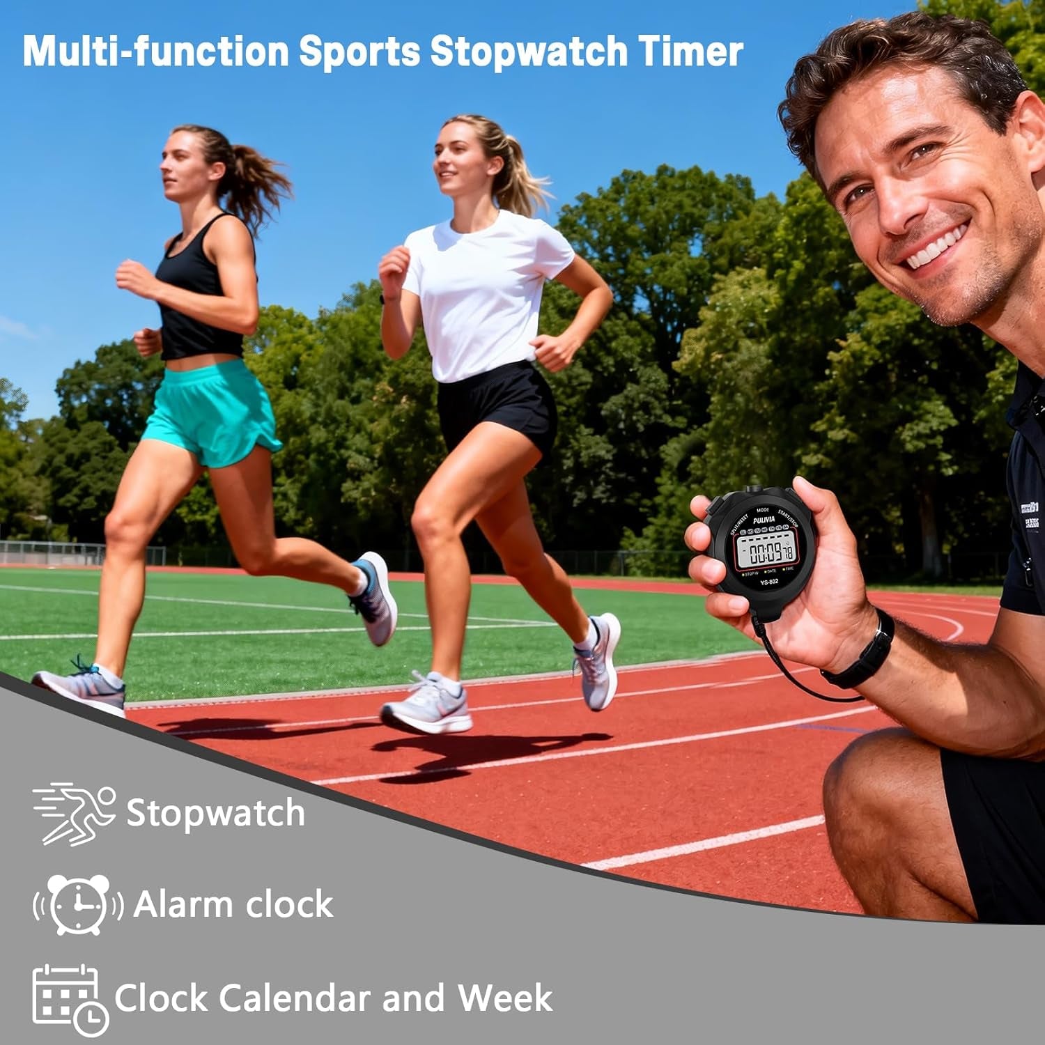 Stopwatch Timer Lap Split Digital Stopwatch with Clock Calendar Alarm, Large Display Stop Watch for Sports Kids Coaches Swimming Running